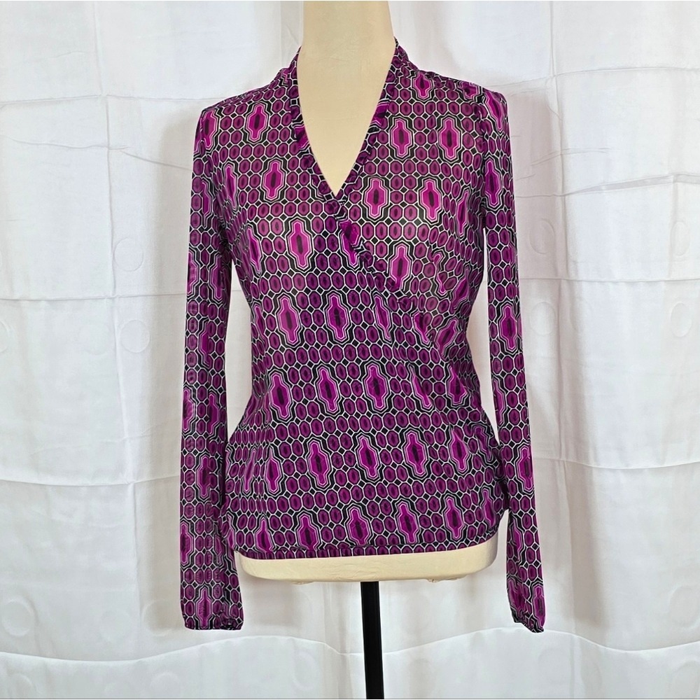 INC International Concepts Fuchsia Sheer Geometric Mesh Faux Wrap Top S